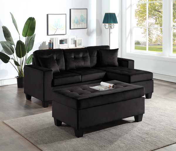 Naomi Black Velvet - Reversible Sectional & Ottoman Set