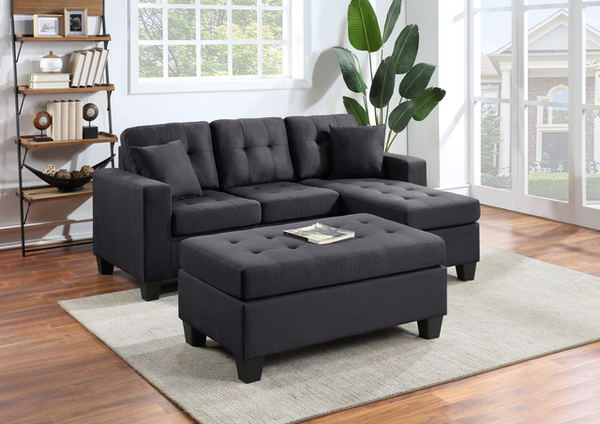 Naomi Black Linen - Reversible Sectional & Ottoman