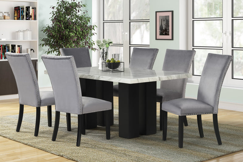 1220 - (FAUX MARBLE) Grey Dining Table + 6