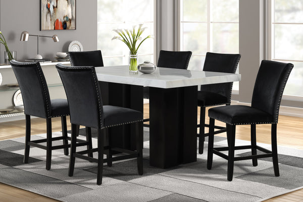 2220 - (FAUX MARBLE) Black Counter Height Table + 6 Chair Set