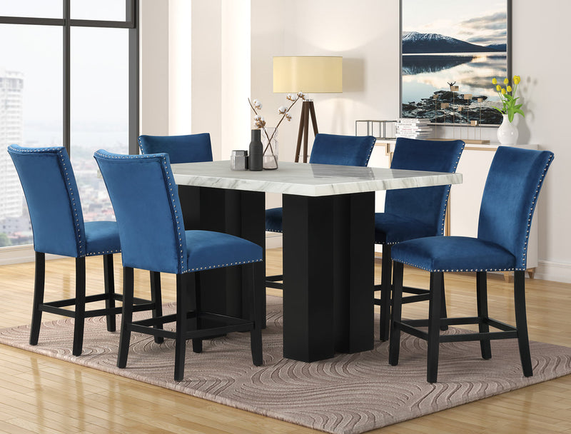 2220 - (FAUX MARBLE) Blue Counter Height Table + 6 Chair Set