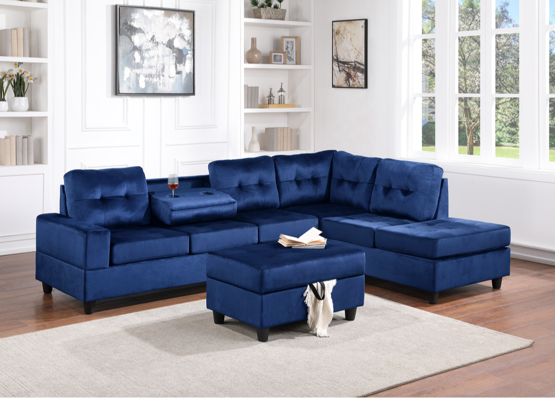 22Heights Reversible Sectional + Storage Ottoman - Blue Velvet